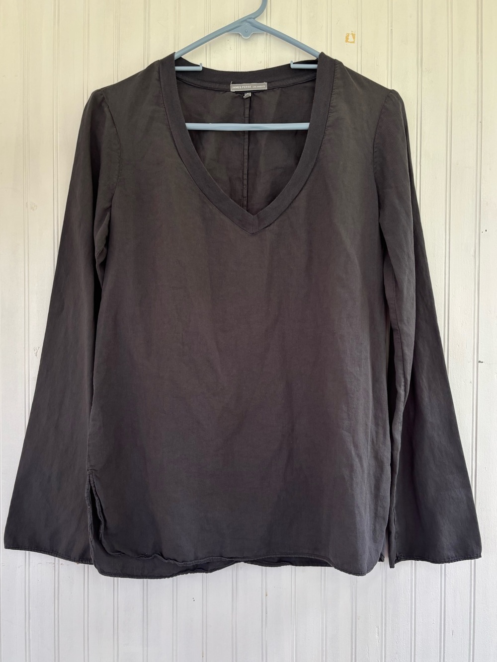James Perse Women's Dark Gray V Neck Cotton Long Sleeve Top POPLIN COTTON XS